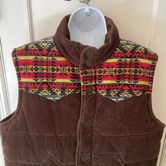True Religion Aztec Puffer Vest Serape Yoke Men XL/TG Cotton Corduroy Brown Boho - Picture 4 of 16